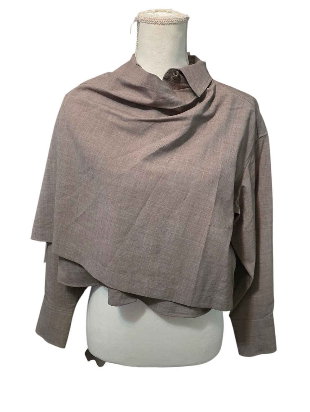 Long Sleeve Collared Neck Scarf Draped Shirt